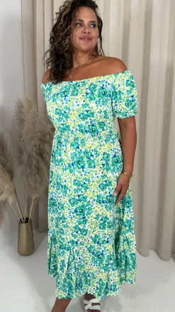 CurveWow Bardot Midi Dress Turquoise Ditsy Floral