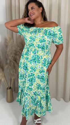 CurveWow Bardot Midi Dress Turquoise Ditsy Floral