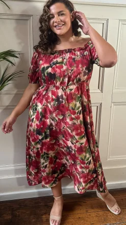 CurveWow Bardot Midi Dress Printed Blurred Floral