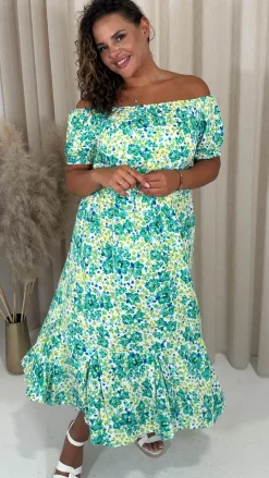 CurveWow Bardot Midi Dress Turquoise Ditsy Floral