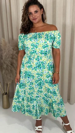 CurveWow Bardot Midi Dress Turquoise Ditsy Floral