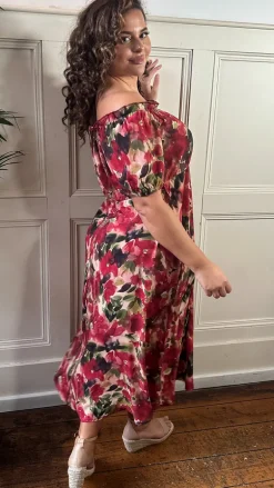 CurveWow Bardot Midi Dress Printed Blurred Floral