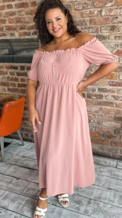 CurveWow Bardot Midi Dress Pink