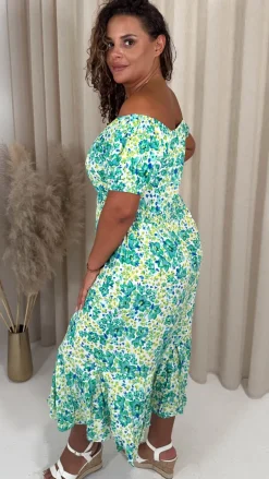 CurveWow Bardot Midi Dress Turquoise Ditsy Floral