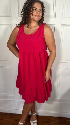 CurveWow Basic Sundress Plain Cerise