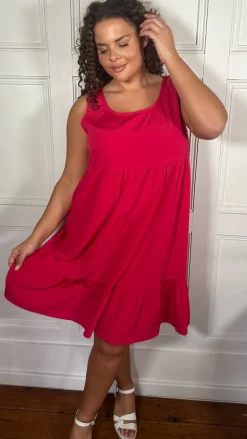 CurveWow Basic Sundress Plain Cerise