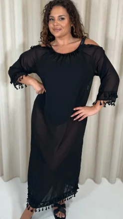 CurveWow Beach Cold Shoulder Maxi Dress Black