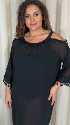 CurveWow Beach Cold Shoulder Maxi Dress Black