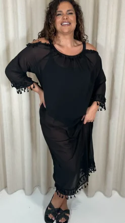 CurveWow Beach Cold Shoulder Maxi Dress Black