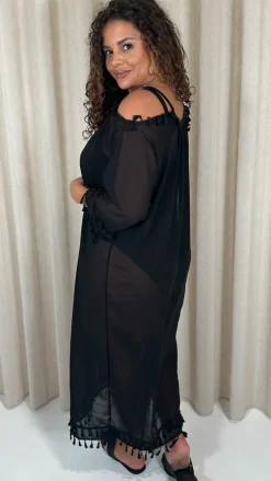 CurveWow Beach Cold Shoulder Maxi Dress Black