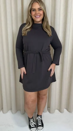 CurveWow Belted Swing Dress Charcoal
