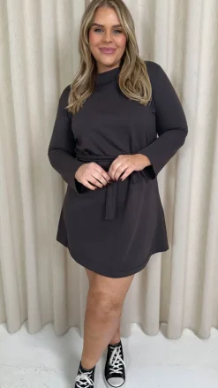 CurveWow Belted Swing Dress Charcoal