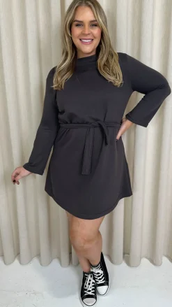 CurveWow Belted Swing Dress Charcoal