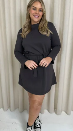 CurveWow Belted Swing Dress Charcoal