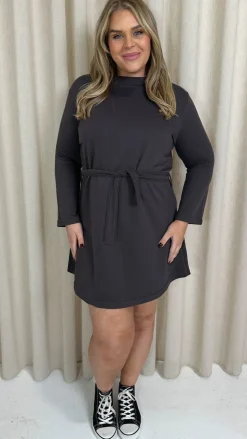 CurveWow Belted Swing Dress Charcoal