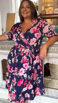 CurveWow Belted Wrap Dress Navy Floral