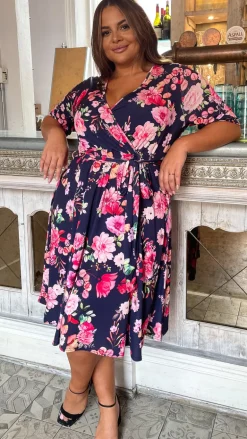 CurveWow Belted Wrap Dress Navy Floral