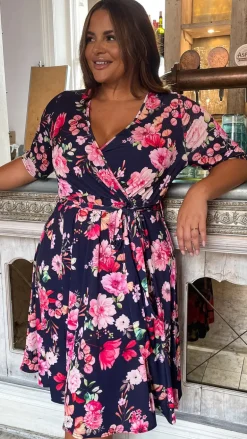 CurveWow Belted Wrap Dress Navy Floral