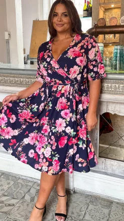 CurveWow Belted Wrap Dress Navy Floral
