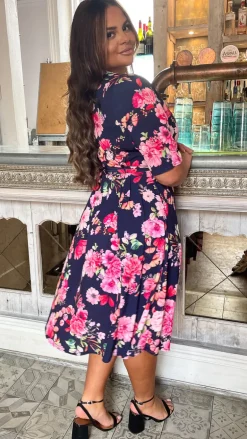 CurveWow Belted Wrap Dress Navy Floral