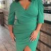 CurveWow Bottle Green Puff Sleeve Wrap Midi Dress
