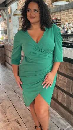 CurveWow Bottle Green Puff Sleeve Wrap Midi Dress