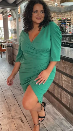 CurveWow Bottle Green Puff Sleeve Wrap Midi Dress