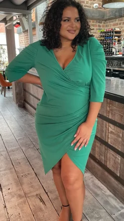 CurveWow Bottle Green Puff Sleeve Wrap Midi Dress