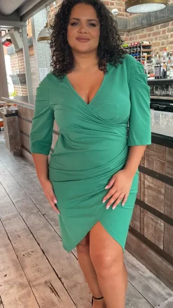 CurveWow Bottle Green Puff Sleeve Wrap Midi Dress