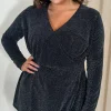 CurveWow Brillo Lurex Peplum Top Black Silver