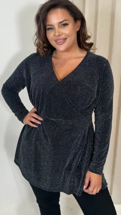 CurveWow Brillo Lurex Peplum Top Black Silver