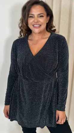 CurveWow Brillo Lurex Peplum Top Black Silver