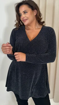 CurveWow Brillo Lurex Peplum Top Black Silver