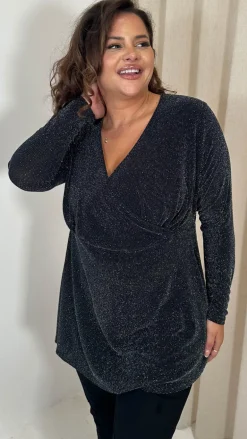 CurveWow Brillo Lurex Peplum Top Black Silver