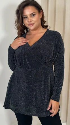 CurveWow Brillo Lurex Peplum Top Black Silver