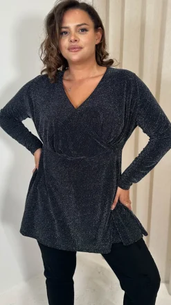 CurveWow Brillo Lurex Peplum Top Black Silver