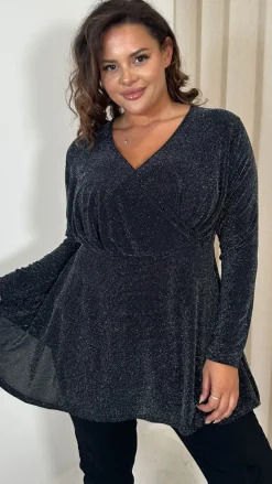 CurveWow Brillo Lurex Peplum Top Black Silver