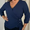 CurveWow Bubble Crepe O Ring Wrap Top Navy