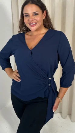 CurveWow Bubble Crepe O Ring Wrap Top Navy