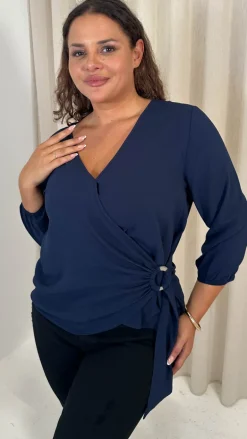 CurveWow Bubble Crepe O Ring Wrap Top Navy