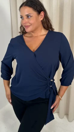 CurveWow Bubble Crepe O Ring Wrap Top Navy