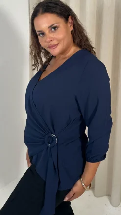 CurveWow Bubble Crepe O Ring Wrap Top Navy