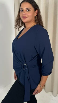 CurveWow Bubble Crepe O Ring Wrap Top Navy