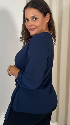 CurveWow Bubble Crepe O Ring Wrap Top Navy