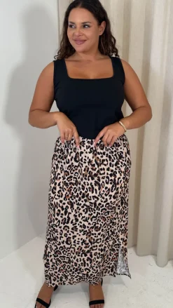 CurveWow Bubble Crepe Split Side Midaxi Skirt Leopard