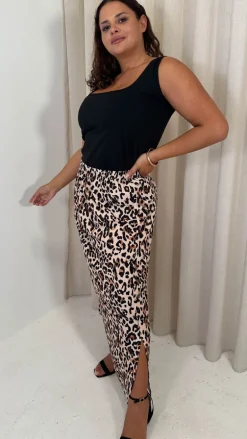 CurveWow Bubble Crepe Split Side Midaxi Skirt Leopard