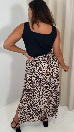 CurveWow Bubble Crepe Split Side Midaxi Skirt Leopard