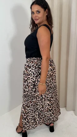CurveWow Bubble Crepe Split Side Midaxi Skirt Leopard