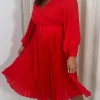 CurveWow Buckle Belt Pleated Midi Dress Red