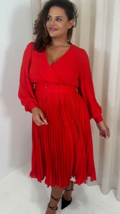 CurveWow Buckle Belt Pleated Midi Dress Red